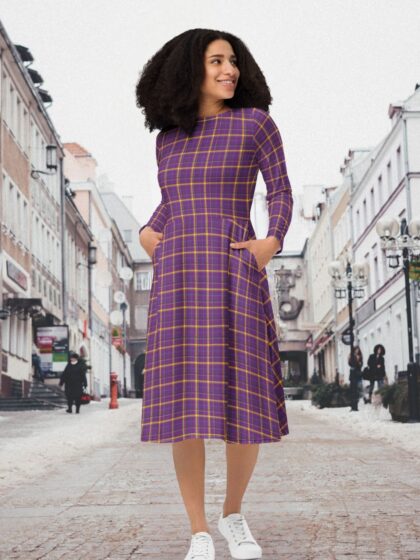 Purple Plaid Midi Dress With Pockets