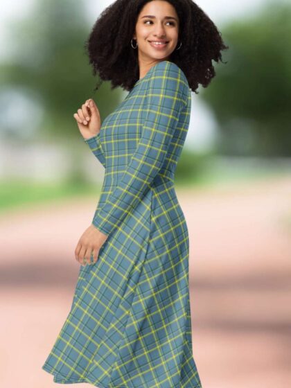 Teal Plaid Midi Dress With Pockets