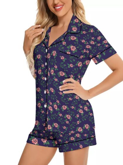 Satin Pajama Set, Navy Rose