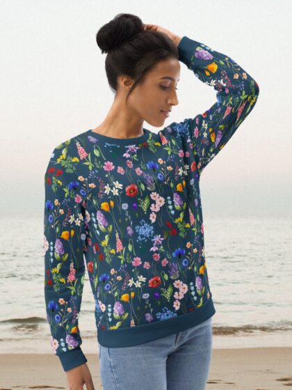 Unisex Sweatshirt, Wildflower Garden, Blue Denim