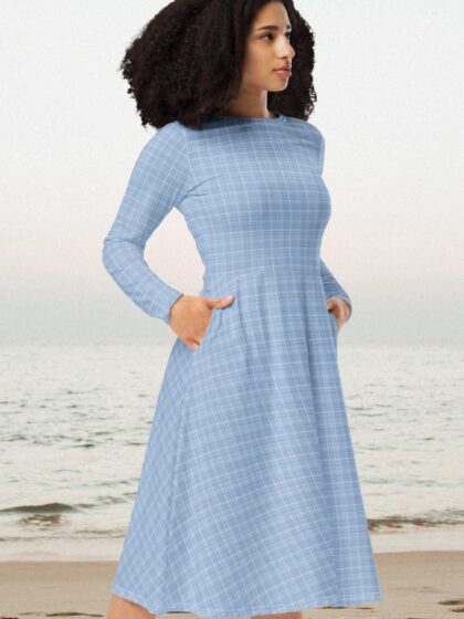 Light Blue Plaid Midi Dress