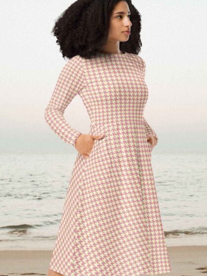 Pastel Pink Houndstooth Midi Dress