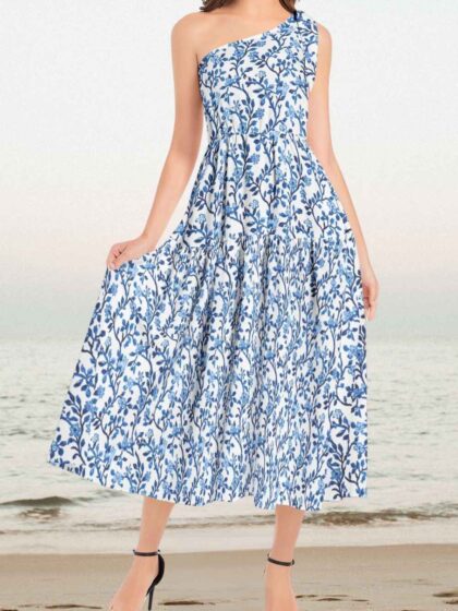 Blue And White Floral One Shoulder Midi Dress