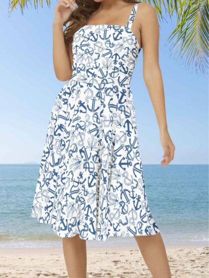 Nautical Anchor Sleeveless Flare Hem Midi Dress