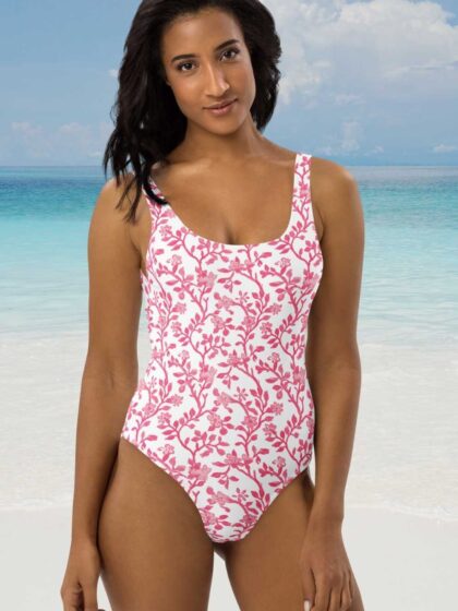 Pink And White Botanical One-Piece Swimsuit