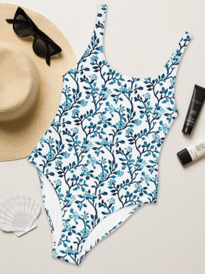 Light Blue Botanical One-Piece Swimsuit