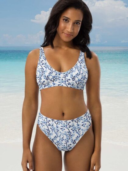Lacy Blue Botanical High-Waisted Bikini